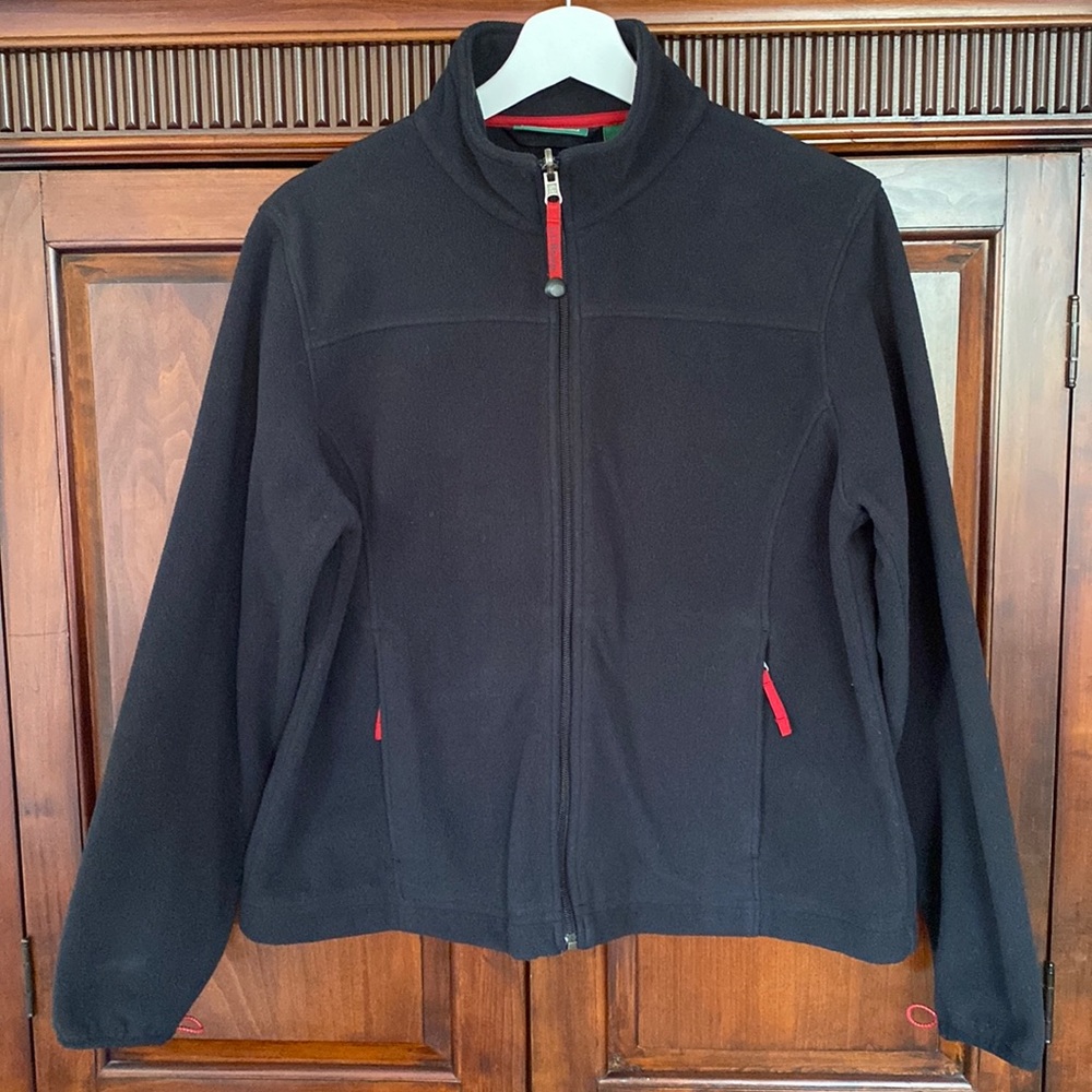 L. L. Bean full zip fleece soft shell jacket black red details zipper pull